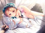  :o ass backlighting bangs barefoot bed_sheet bedroom black_gloves blonde_hair bow bowtie breasts commentary_request curtains dutch_angle fingerless_gloves frilled_pillow frills gloves green_neckwear headdress holding_hands indoors interlocked_fingers kaitou_tenshi_twin_angel kouzu_shou long_hair looking_at_viewer lying makeup mascara medium_breasts nipples on_bed on_side one_breast_out panties panty_pull parted_bangs parted_lips pillow pillow_hug pink_eyes pink_panties raised_eyebrows ribbon-trimmed_clothes ribbon_trim salome_(twin_angel_3) solo_focus strap_slip thigh_gap tsurime twin_angel underwear window window_shade 