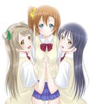  bangs blue_eyes blue_hair blush bow bowtie commentary_request green_ribbon grey_hair hair_between_eyes hair_ribbon holding_hands interlocked_fingers kousaka_honoka long_hair looking_at_viewer love_live! love_live!_school_idol_project minami_kotori multiple_girls one_side_up orange_hair otonokizaka_school_uniform pleated_skirt red_neckwear ribbon roaru_(gyuren) school_uniform short_sleeves simple_background skirt smile sonoda_umi striped striped_neckwear vest white_background yellow_eyes yellow_ribbon 