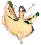  :d armpits arms_up bare_arms bare_shoulders barefoot brown_hair dancing dress full_body half-closed_eyes long_dress open_mouth original short_hair signature simple_background smile solo standing umishima_senbon white_background yellow_dress 