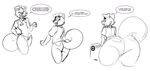  absurd_res anthro butt canine clothed clothing dialogue english_text greyscale hi_res kom komponi looking_at_viewer male mammal monochrome multiple_images open_mouth rear_view sketch smile solo text thick_thighs 