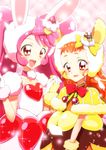  :d a_la_mode_style_(precure) animal_ears arisugawa_himari bangs bow bowtie bunny_ears cake_hair_ornament capelet choker collarbone commentary_request cure_custard cure_whip dress eyebrows_visible_through_hair fake_animal_ears food food_themed_hair_ornament fruit fur-trimmed_capelet fur-trimmed_gloves fur_trim gloves hair_bow hair_ornament hand_up hat heart holding_hands interlocked_fingers kirakira_precure_a_la_mode light_particles long_hair looking_at_viewer magical_girl multiple_girls open_mouth orange_hair pink_background pink_bow pink_choker pink_dress pink_hair plaid plaid_background pom_pom_(clothes) precure pudding red_bow red_eyes red_neckwear revision shiny shiny_hair short_eyebrows short_sleeves smile sparkle squirrel_ears strawberry strawberry_shortcake twintails upper_body usami_ichika white_gloves white_hat yellow_bow yellow_capelet yellow_dress yellow_gloves yellow_hat yuto_(dialique) 