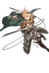  action attack bangs blonde_hair brown_eyes brown_jacket cape cosplay djeeta_(granblue_fantasy) dress_shirt dual_wielding emblem full_body granblue_fantasy green_cape holding holding_sword holding_weapon jacket looking_at_viewer military military_uniform minaba_hideo official_art open_clothes open_jacket pants paradis_military_uniform shingeki_no_kyojin shirt short_hair solo survey_corps survey_corps_(emblem) sword three-dimensional_maneuver_gear transparent_background uniform weapon white_pants white_shirt 