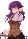  black_skirt blouse blush brown_vest eyebrows_visible_through_hair fate/stay_night fate_(series) hair_between_eyes hair_tucking hand_up haoni homurahara_academy_uniform long_hair long_sleeves looking_at_viewer matou_sakura neck_ribbon necktie parted_lips petals purple_eyes purple_hair railing red_neckwear red_ribbon ribbon skirt solo standing vest white_background white_blouse 