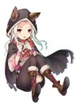  akanebi animal_ears beige_gloves beige_shirt black_cloak black_legwear black_skirt blush boots brown_footwear cloak commentary_request ears_through_headwear erune full_body fur-trimmed_boots fur_trim gloves granblue_fantasy highres hood hooded_cloak knee_boots long_hair long_sleeves looking_at_viewer pantyhose parted_lips plaid plaid_scarf pom_pom_(clothes) red_eyes red_scarf scarf scathacha_(granblue_fantasy) shirt silver_hair simple_background skirt solo upper_teeth white_background 