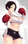  bangs bare_shoulders black_hair black_panties black_shorts blood blood_from_mouth blood_on_face bloody_clothes boxing_gloves boxing_ring boxing_shorts breasts brown_eyes bruise bruise_on_face cleavage commentary contrapposto cowboy_shot dev foreshortening from_side grey_background groin_tendon highres injury large_breasts legs_apart looking_at_viewer looking_to_the_side making_of messy_hair midriff motion_lines mouth_hold multicolored multicolored_clothes muscle muscular_female navel original panties parted_bangs parted_lips scrape short_hair short_ponytail shorts shorts_pull sideboob signature solo sports_bra sportswear standing stomach string sweat taut_clothes thighs tying underwear upshorts 