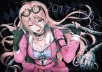  2017 ;d argyle argyle_background black_gloves blonde_hair blue_eyes breasts cleavage collarbone danganronpa dated detached_sleeves eyebrows_visible_through_hair fingerless_gloves floating_hair gloves goggles goggles_on_head hair_between_eyes happy_birthday holding iruma_miu large_breasts long_hair miniskirt new_danganronpa_v3 one_eye_closed open_mouth pink_shirt pink_skirt pleated_skirt sakuyu shirt skirt smile tongue very_long_hair 