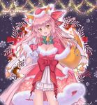  2017 alternate_costume animal_costume animal_ears bell bell_collar blush breasts capelet christmas cleavage collar dress fate/extra fate/grand_order fate_(series) fox_ears fox_tail fur_trim gift gloves hair_ribbon hat large_breasts long_hair looking_at_viewer merry_christmas mystmu open_mouth pink_hair red_capelet red_dress red_gloves reindeer_costume ribbon sack santa_costume santa_gloves santa_hat solo tail tamamo_(fate)_(all) tamamo_no_mae_(fate) yellow_eyes 