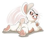  2017 3_toes anthro anus balls butt foxudders fur lagomorph lying male mammal paws penis pink_fur presenting presenting_hindquarters rabbit raised_tail rear_view short_tail simple_background smile solo teeth toes white_fur 
