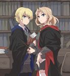  alternate_costume bangs black_legwear black_robe blonde_hair blue_eyes book bookshelf braid chair commentary_request cosplay darjeeling desk diagonal_stripes dress_shirt eyebrows_visible_through_hair girls_und_panzer grey_skirt grey_sweater gryffindor hair_intakes harry_potter hogwarts_school_uniform holding holding_book indoors kay_(girls_und_panzer) long_hair multicolored multicolored_stripes multiple_girls necktie pantyhose ravenclaw ree_(re-19) school_uniform shirt short_hair skirt standing striped striped_neckwear sweater thighhighs tied_hair v-neck wand white_legwear white_shirt 