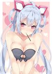  ahoge blush bra breasts cleavage collarbone eyebrows_visible_through_hair food grey_bra hair_between_eyes hairband heart long_hair looking_at_viewer matoi_(pso2) medium_breasts milkpanda mouth_hold navel open_mouth outline phantasy_star phantasy_star_online_2 pocky pocky_day polka_dot red_eyes red_hairband shiny shiny_skin silver_hair solo strapless strapless_bra twintails underwear upper_body very_long_hair white_outline 