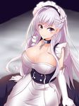  apron arms_at_sides azur_lane bangs bed bed_sheet belfast_(azur_lane) blush braid breasts chain closed_mouth collar collarbone corset cowboy_shot elbow_gloves etan14 eyebrows_visible_through_hair french_braid frills gloves highres large_breasts long_hair looking_at_viewer maid_headdress on_bed pink_hair purple_eyes shiny shiny_skin sitting sleeveless smile solo very_long_hair white_apron 