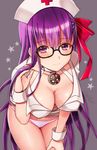  adjusting_hair artist_name bangs bb_(fate)_(all) bb_(fate/extra_ccc) bb_shot! bespectacled black-framed_eyewear blush breasts cleavage closed_mouth collarbone commentary_request covered_nipples cowboy_shot eyebrows_visible_through_hair fate/extra fate/extra_ccc fate/grand_order fate_(series) glasses hair_between_eyes hair_ribbon hand_on_own_thigh hand_up hanging_breasts hat hijiri_ruka jewelry leaning_forward long_hair looking_at_viewer medium_breasts nurse nurse_cap panties pendant pink_panties red_ribbon ribbon semi-rimless_eyewear shiny shiny_hair shirt short_sleeves simple_background smile solo standing star tareme thighs under-rim_eyewear underwear very_long_hair white_shirt wrist_cuffs 