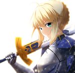  ahoge armor artoria_pendragon_(all) blonde_hair excalibur eyebrows_visible_through_hair fate/stay_night fate_(series) from_side gauntlets green_eyes hair_between_eyes holding holding_sword holding_weapon looking_at_viewer saber shou_(10868818) sidelocks simple_background smile solo sword upper_body weapon white_background 
