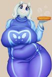  2017 anthro belly big_belly big_breasts biped blue_eyes blush boss_monster breasts caprine clothed clothing digital_media_(artwork) eyelashes female food goat hi_res horn huge_breasts looking_at_viewer mammal mature_female navel overweight overweight_female pie portrait simple_background slightly_chubby smile solo theobrobine three-quarter_portrait toriel undertale video_games voluptuous wide_hips 