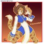  2017 bloody_roar brown_eyes brown_hair clothed clothing feline female hair hi_res looking_at_viewer mammal nekocrispy short_hair solo tongue tongue_out uriko werecat 