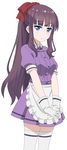  apron blend_s blue_eyes bow brown_hair company_connection cosplay cowboy_shot cp9a dress_shirt eyebrows_visible_through_hair gloves hair_bow long_hair looking_at_viewer manga_time_kirara miniskirt new_game! pleated_skirt ponytail purple_shirt purple_skirt red_bow shirt short_sleeves simple_background skirt smile solo standing stile_uniform takimoto_hifumi thighhighs very_long_hair waist_apron waitress white_apron white_background white_gloves white_legwear zettai_ryouiki 