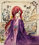  absurdres bad_id bad_pixiv_id bow covering_mouth egasumi flower hair_bow highres japanese_clothes kimono kotohime layered_clothing layered_kimono margarine0922 obi red_eyes red_hair sash touhou touhou_(pc-98) traditional_media 