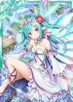  akkijin aqua_hair blue_sky boots breasts butterfly_wings card_(medium) dress flower hair_flower hair_ornament island jewelry necklace official_art pixie_servant_(shinkai_no_valkyrie) pointy_ears red_eyes shinkai_no_valkyrie sitting sky small_breasts solo white_dress wings 