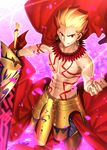  armor blonde_hair ea_(fate/stay_night) earrings fate/stay_night fate_(series) gilgamesh holding holding_sword holding_weapon jewelry looking_at_viewer male_focus navel red_eyes sen_(77nuvola) shirtless smile solo sword weapon 