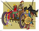  2017 anthro armor canine chariot_(carriage) cloak clothed clothing digital_media_(artwork) equine feral footwear group helmet horse male mammal melee_weapon ohs688 open_mouth pants persian_(culture) polearm shield shoes simple_background spear standing sword tunic weapon 