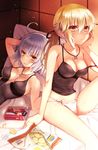  2girls ahoge arm_behind_head arm_up artist_name artoria_pendragon_(all) bag_of_chips bangs bare_shoulders bed bed_sheet black_camisole black_ribbon blonde_hair blush brand_name_imitation breasts camisole chips cleavage collarbone expressionless eyebrows_visible_through_hair fate/grand_order fate_(series) food hair_ribbon hand_on_own_cheek hijiri_ruka indoors jeanne_d'arc_(alter)_(fate) jeanne_d'arc_(fate)_(all) jewelry light_particles long_hair looking_at_viewer lying medium_breasts multiple_girls necklace off_shoulder on_back on_bed panties pendant pillow pocky ponytail potato_chips ribbon saber_alter signature silver_hair sitting sleeveless thighs underwear underwear_only white_legwear white_panties yellow_eyes 