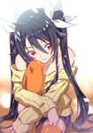  bangs bare_shoulders black_hair black_shorts bow collarbone commentary_request eyebrows_visible_through_hair flat_chest hair_between_eyes hair_bow hair_flaps head_rest knee_up leg_hug light long_hair looking_away off-shoulder_sweater on_floor orange_legwear ore_twintail_ni_narimasu red_eyes ribbed_sweater shiny shiny_hair shiny_skin shorts sidelocks sideways_glance sitting sketch sleeves_past_wrists smile solo sweater thighhighs tsube_aika tsurime twintails very_long_hair white_background white_bow wooden_floor yellow_sweater yuto_(dialique) 