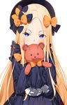  abigail_williams_(fate/grand_order) absurdres bangs black_bow blonde_hair blue_eyes blush bow covered_mouth eyebrows_visible_through_hair eyes_visible_through_hair fate/grand_order fate_(series) hair_bow hat highres long_hair long_sleeves orange_bow parted_bangs signature sleeves_past_fingers sleeves_past_wrists solo stuffed_animal stuffed_toy teddy_bear upper_body very_long_hair yang-do 