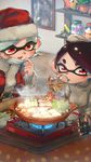  2girls :d aori_(splatoon) belt belt_buckle black_belt black_hair bowl buckle cabbage chopsticks controller cooking cousins cup domino_mask drinking drinking_glass earrings face_mask fire food grey_sweater hat highres holding hotaru_(splatoon) indoors inkling_(language) jar jewelry kashu_(hizake) kotatsu long_sleeves looking_away looking_down mask mask_pull mole mole_under_eye monster_girl multiple_girls nabe open_mouth photo_(object) plant pointy_ears portable_stove potted_plant red_eyes remote_control santa_costume santa_hat shelf short_eyebrows short_hair shrimp shrimp_tempura silver_hair smile splatoon_(series) splatoon_1 spring_onion steam sweater table tempura tentacle_hair tofu 