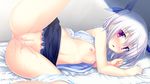  ano_harewataru_sora_yori_takaku bed blush breasts censored chiri_(atlanta) chuablesoft game_cg gray_hair nipples purple_eyes pussy pussy_juice reimei_kaho short_hair spread_legs 