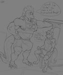  ! anthro blush canine clothing dialogue dragon duo english_text gym huge_bulge male mammal muscular muscular_male nipple_piercing nipples open_mouth penis_shaped_bulge piercing sitting size_difference smile spiritraptor standing text tight_clothing 