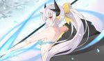  1girl absurdres blue_bikini_bottom bow breasts eyebrows_visible_through_hair fate/grand_order fate_(series) floating_hair from_side hair_between_eyes hair_bow highres holding holding_weapon horns kiyohime_(fate/grand_order) kiyohime_(swimsuit_lancer)_(fate) long_hair medium_breasts polearm ponytail red_eyes sideboob silver_hair smile solo upper_body very_long_hair weapon yellow_bow 