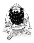  beard dungeon_meshi dwarf facial_hair grass greyscale helmet horned_helmet male_focus monochrome mustache okura_(yellow_parka) sandals senshi_(dungeon_meshi) sitting solo tree_stump 