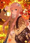  arm_up autumn autumn_leaves bag bag_charm bangs blue_skirt bow brown_coat brown_eyes charm_(object) coat collared_shirt commentary cu_chulainn_alter_(fate/grand_order) day eyebrows_visible_through_hair fate/grand_order fate_(series) fur_collar hairband hand_in_pocket head_tilt highres kaina_(tsubasakuronikuru) lancer long_hair long_sleeves looking_at_viewer medb_(fate)_(all) medb_(fate/grand_order) mini_cu-chan outdoors parted_lips pink_hair shirt skirt smile solo tree v v-shaped_eyebrows very_long_hair white_bow white_hairband 