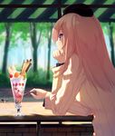  arm_support biscuit blonde_hair blue_eyes casual cherry day eyebrows_visible_through_hair food forest from_side fruit garrison_cap girls_und_panzer glint hand_on_own_chin hat head_rest holding holding_spoon ice_cream itsumi_erika kongeraatio long_hair long_sleeves looking_afar nature outdoors parfait pocky profile shade solo spoon strawberry sundae sunlight sweater table tree upper_body wafer_stick white_sweater 