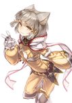  animal_ears bangs belt blunt_bangs bodysuit cat_ears gloves highres hood kame_(pixiv) looking_at_viewer loose_belt niyah short_hair silver_hair simple_background smile solo v white_gloves xenoblade_(series) xenoblade_2 yellow_bodysuit yellow_eyes 