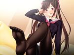  1girl blush brown_hair feet hair_flip hair_ribbon long_hair one_leg_raised pantyhose pantyshot parted_lips pink_eyes pov serafuku soles toes twintails 