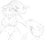  2018 actionbastardvirginblstr anthro armor big_breasts bottomless bra breasts clothed clothing duo ear_piercing featureless_crotch female hair head_grab human lizard mammal monochrome navel nude piercing reptile scalie simple_background sketch smile tears thumbs_up unamused underwear white_background 
