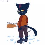  2017 anthro baseball_bat butt_pose cat clothed clothing feline female fully_clothed hi_res looking_at_viewer looking_back mae_(nitw) mammal nekocrispy night_in_the_woods red_eyes solo yellow_sclera 