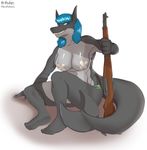  band-aids blue_eyes blue_hair female fish gun hair holding_object holding_weapon looking_at_viewer m1_garand marine nude ranged_weapon rifle shark shukinhekon sitting solo weapon 