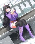  animal_ears belt black_hair black_legwear boots borrowed_character breasts bridge cat_ears cat_tail cloud cloudy_sky commentary commission cup day english_commentary final_fantasy final_fantasy_xiv fire highres huge_breasts knee_boots long_hair miqo'te mountain mug outdoors pouch purple_eyes purple_footwear ribbed_sweater scenery sitting sky snow snowing solo sweater tail thighhighs wenbee zettai_ryouiki 