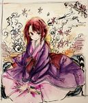  absurdres bad_id bad_pixiv_id bow egasumi hair_bow highres japanese_clothes kimono kotohime layered_clothing layered_kimono margarine0922 red_eyes red_hair sitting touhou touhou_(pc-98) traditional_media 