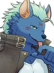  clothed clothing finger_lick fully_clothed green_hair hair hyena jacket licking male mammal mohawk nyarlathotep tokyo_afterschool_summoners tongue tongue_out らいあ 