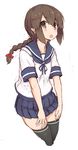  black_legwear blue_sailor_collar blue_skirt braid brown_eyes brown_hair goekawa isonami_(kantai_collection) kantai_collection long_hair open_mouth pleated_skirt sailor_collar school_uniform serafuku short_sleeves simple_background single_braid skirt solo thighhighs white_background 