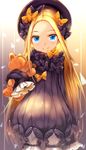  abigail_williams_(fate/grand_order) bangs black_bow black_dress black_hat blonde_hair bloomers blue_eyes bow bug butterfly closed_mouth commentary_request cowboy_shot dress eyebrows_visible_through_hair fate/grand_order fate_(series) hair_bow hat head_tilt highres insect long_hair long_sleeves looking_at_viewer object_hug orange_bow parted_bangs polka_dot polka_dot_bow sleeves_past_wrists smile solo stuffed_animal stuffed_toy teddy_bear umagenzin underwear very_long_hair white_bloomers 