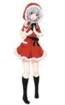  :d alternate_costume black_legwear christmas commentary full_body grey_eyes grey_hair highres kantai_collection kneehighs looking_at_viewer nuno_(pppompon) open_mouth red_hood santa_costume simple_background smile socks solo white_background yamagumo_(kantai_collection) 