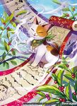  bell bell_collar calico cat cat_focus closed_eyes clothed_animal collar copyright_name force_of_will jingle_bell leaf matsurika_youko no_humans official_art open_mouth painting_(object) scroll smoke solo tongue 