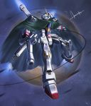  cape commentary crossbone_gundam crossbone_gundam_x-1 energy_gun gundam jolly_roger mecha motion_blur realistic science_fiction signature space star_(sky) thrusters wa-kun weapon zero_gravity 