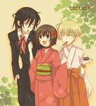  2boys ahoge black_hair blonde_hair blush bob_cut brown_eyes brown_hair choker closed_eyes eating feeding floral_print flower formal hair_flower hair_ornament hakama haruka_(tactics) ichinomiya_kantarou japanese_clothes kimono mini_mamu multiple_boys open_mouth red_hakama short_hair smile suit tactics wide_sleeves youko_(tactics) 