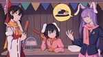  3girls animal_ears black_hair blazer bow bunny_ears carrot carrot_cake carrot_necklace chin_stroking commentary corndog detached_sleeves food_stand gloves hair_bow hair_tubes hakurei_reimu highres inaba_tewi jacket long_hair mefomefo multiple_girls one_eye_closed purple_hair red_bow red_eyes reisen_udongein_inaba scarf spoken_object thinking touhou wide_sleeves 
