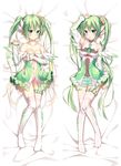  arm_at_side arm_up bangs bare_shoulders bed_sheet blush breasts cleavage closed_mouth collarbone commentary dakimakura dress eyebrows_visible_through_hair flower green_dress green_eyes green_hair green_skirt hair_between_eyes hair_flower hair_ornament hatsune_miku layered_skirt long_hair long_sleeves looking_at_viewer lying medium_breasts multiple_views navel no_shoes on_back panties parted_lips purple_panties skirt thigh_strap thighhighs twintails underwear very_long_hair vocaloid white_legwear xia_xiang_(ozicha) 